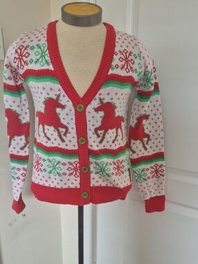 Tipsy Elves Red, Green & White Unicorn Holiday Cardigan